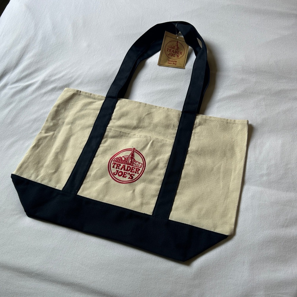 Trader Joes Canvas Tote Bag Navy Blue Cream Reusable Grocery Book Bag NWT